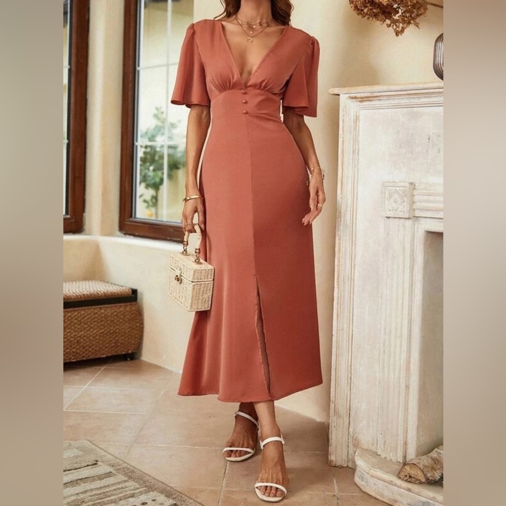 Deep V Butterfly Sleeve Tie Backless Split Hem Dress (S) - Wore once, like new